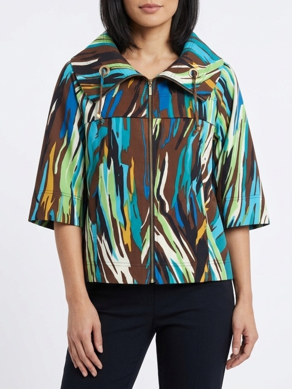 Erin London Womens Medium Abstract Print Zip Front Jacket 3/4 Sleeve Art To Wear